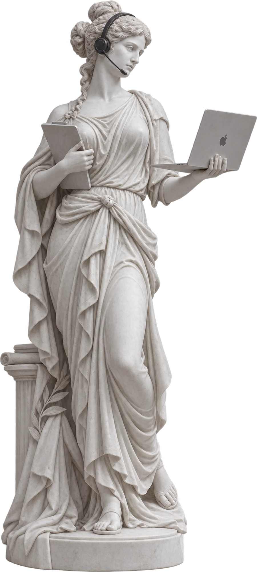 Klassiek standbeeld met headset, tablet en laptop, symbool voor klantenservice