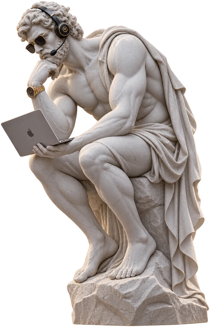 Klassiek standbeeld dat nadenkend op een laptop werkt, symbool voor onze aanpak